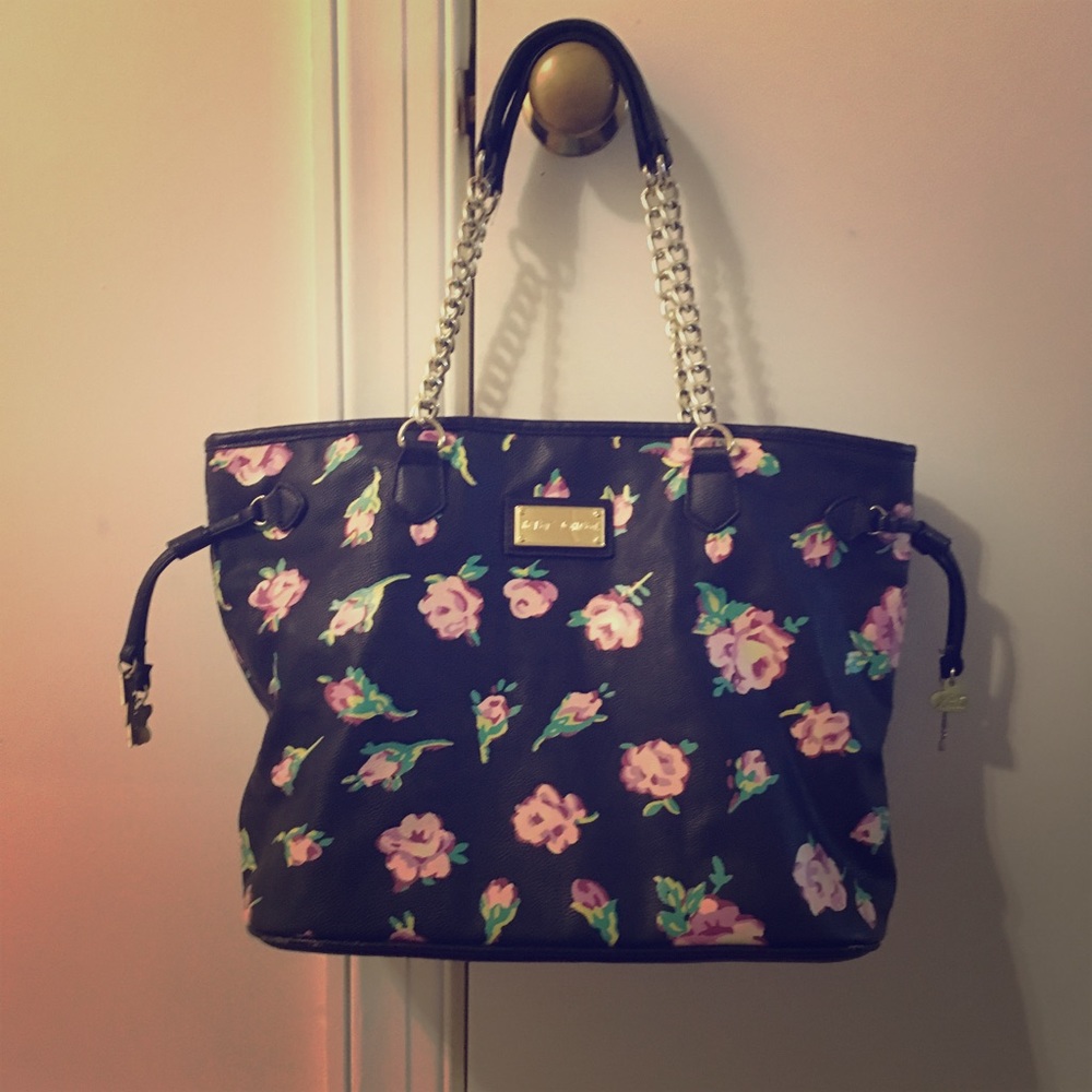 Betsey Johnson black floral tote gold accents